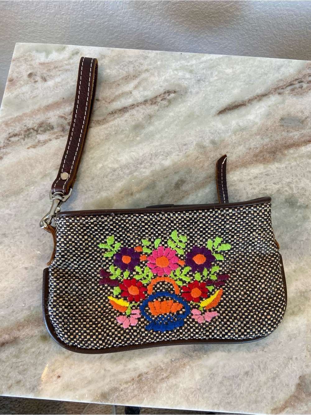 Consuela embroidered floral wristlet pouch leather trim leopard inside Retired - Picture 2 of 16